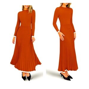 Long Sleeve Sweater Crewneck Ribbed Knit Pleated A-Line Maxi Guest Dresses
